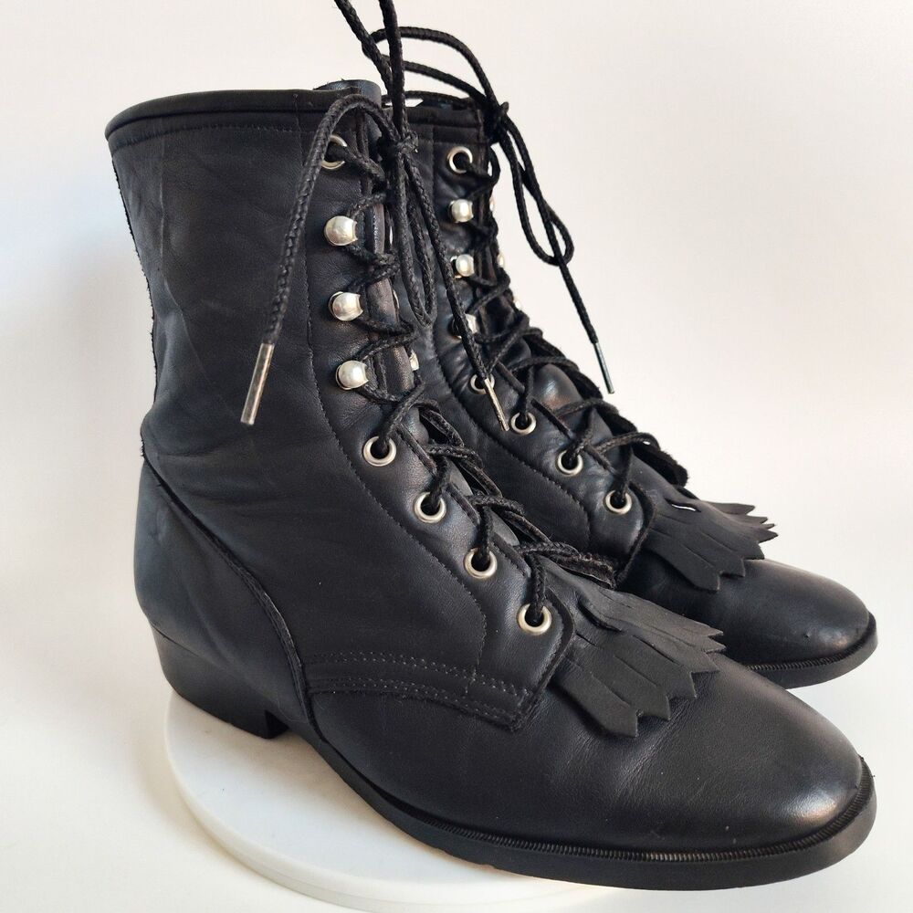 Laredo Boots Western Fringe Kilty 7.5 Leather Lace-Up‎ Vintage Boho Black USA